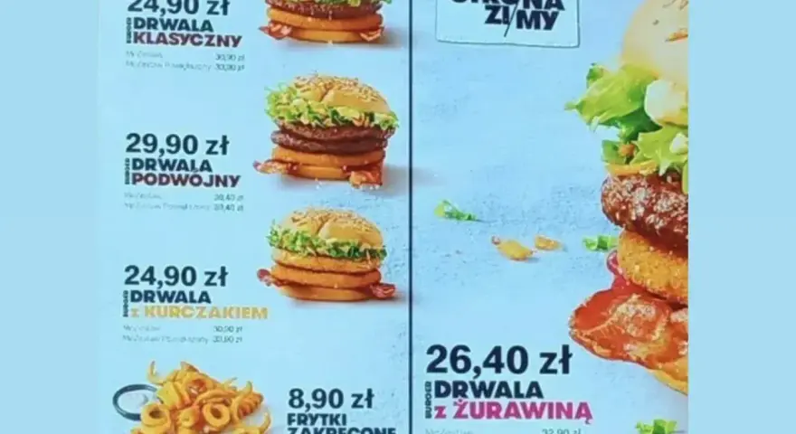Menu z burgerami Drwala, w tym klasycznym, podwójnym i z kurczakiem. Zastanawiasz się nad mcchicken kcal?