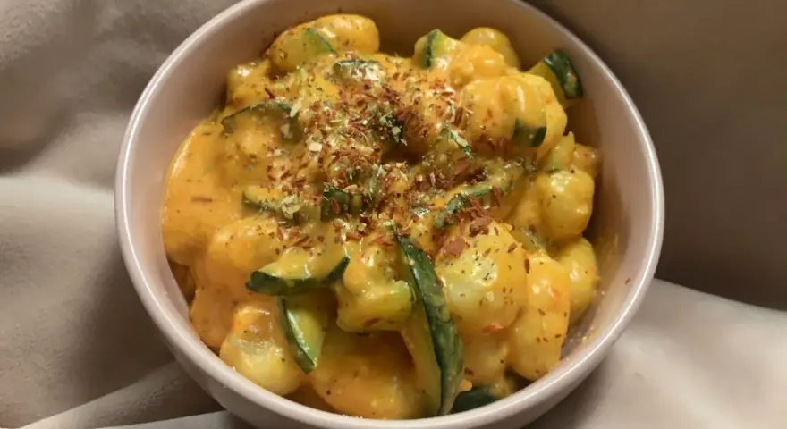 Puszyste gnocchi z cukinią w kremowym sosie, posypane ziołami i płatkami chili. Pyszne gnocchi z pesto w miseczce.