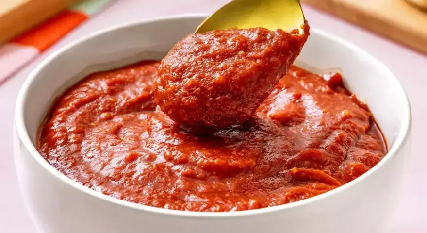 Gęsty, aromatyczny sos pelati nabierany złotą łyżką z białej miseczki. Idealny do makaronu i pizzy.