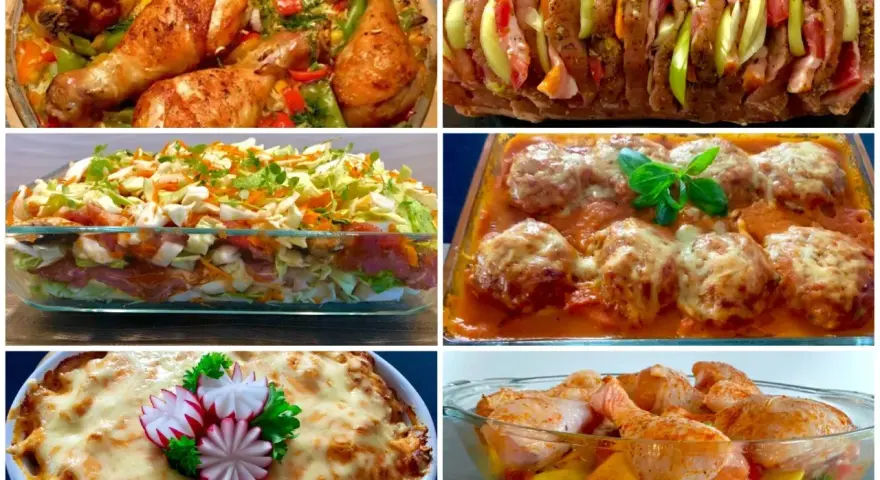 Sześć potraw, które stworzą efektowna kolacja dla znajomych: pieczony kurczak, zapiekanka warstwowa, faszerowana pieczeń, klopsiki w sosie, zapiekanka z serem i kurczak z warzywami.