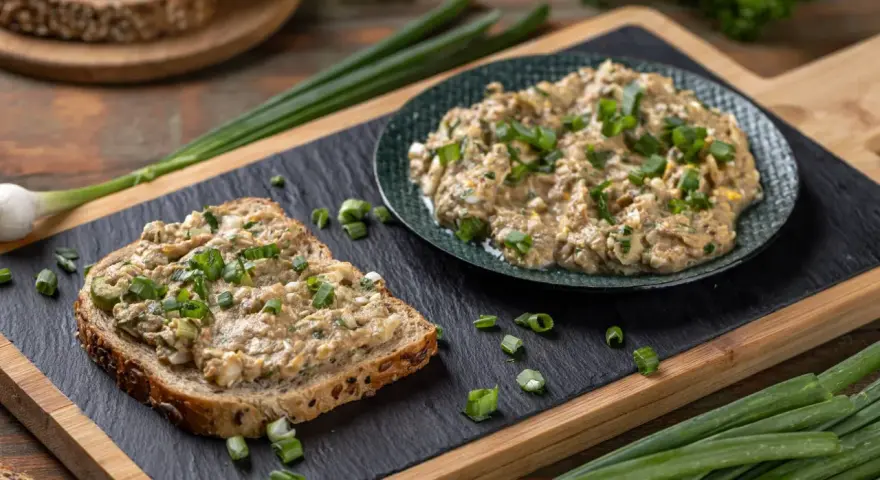 Pyszna pasta z tuńczykiem i jajkiem na ciemnym chlebie, posypana szczypiorkiem. Obok talerz z pastą i świeże warzywa.