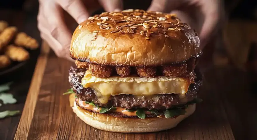 Pyszny cheeseburger z serem camembert i chrupiącymi dodatkami. Idealny, gdy zastanawiasz się, jak zrobić cheeseburgera z MC.