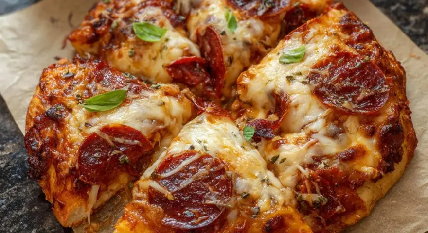 Pyszna pizza z pepperoni, z ciągnącym się serem i świeżą bazylią, przygotowana w air fryerze.