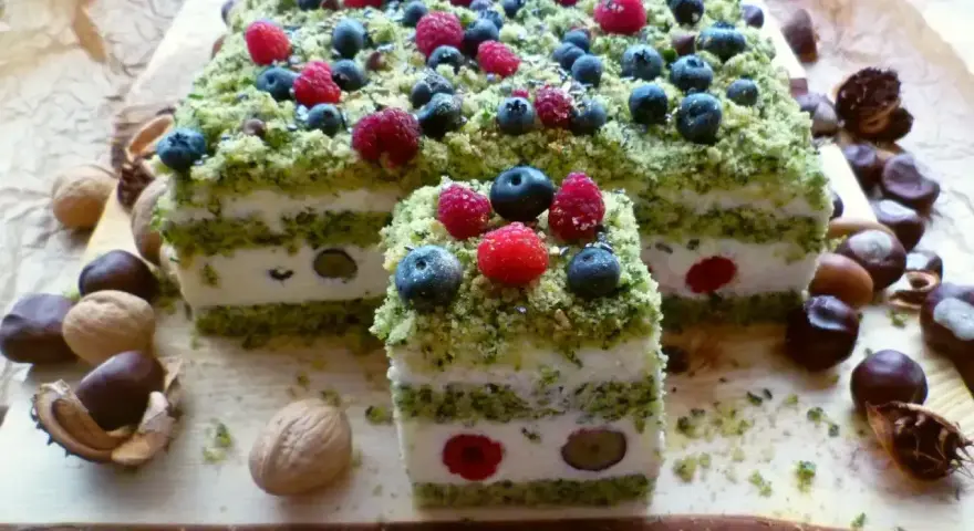 Ciasto leśny mech na dużą blachę z serkiem mascarpone, udekorowane jagodami i malinami. Wygląda jak leśna polana.