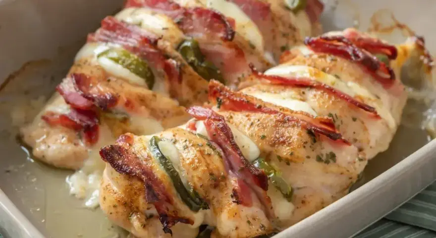 Szybki obiad z kurczakiem: pieczone piersi kurczaka faszerowane serem i papryczkami jalapeño, owinięte boczkiem.