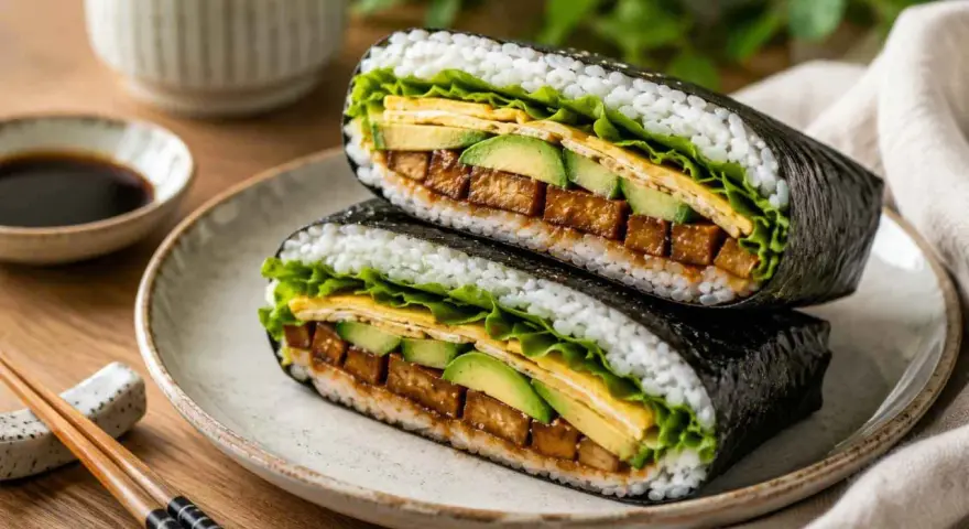 Pyszny onigirazu z tofu, awokado i jajkiem, zawinięty w nori. Idealny lunch!