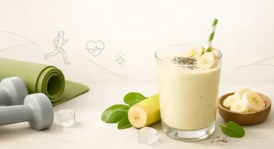 Pyszny koktajl bananowy z nasionami chia, idealny po treningu. Obok leżą hantle i mata do ćwiczeń.