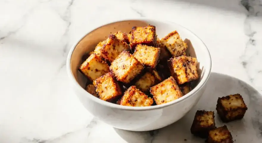 Chrupiące kostki tofu z airfryera w miseczce, idealne do sałatki lub jako przekąska.