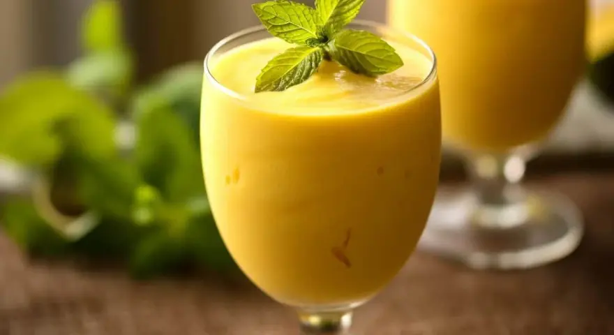 Orzeźwiający koktajl z mango, udekorowany listkami mięty, w szklance na nóżce. W tle drugi taki sam napój.