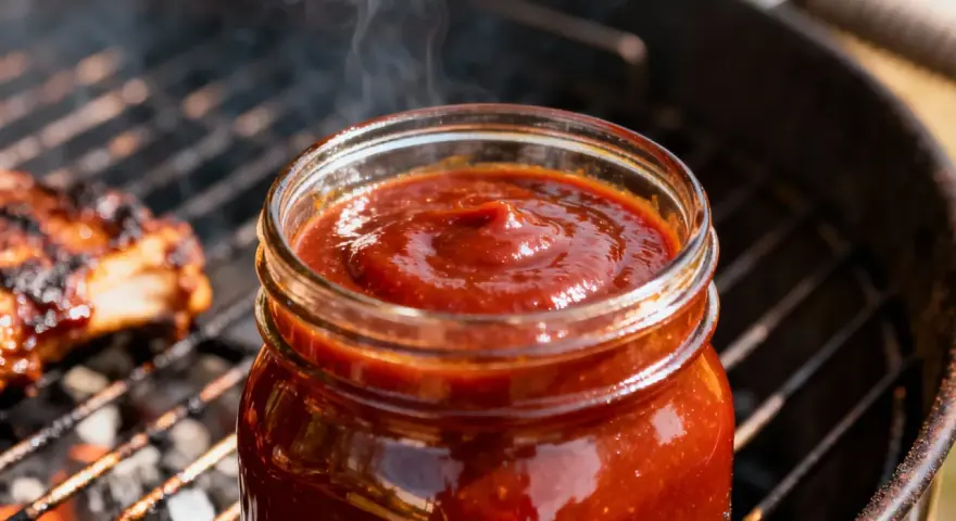Słoik gęstego, aromatycznego sosu z żeberek paruje na grillu obok pieczonych mięs. Idealny dodatek do letniego grillowania.