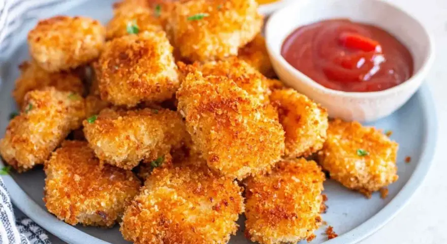 Chrupiące nuggetsy z airfryer, idealne do maczania w keczupie.