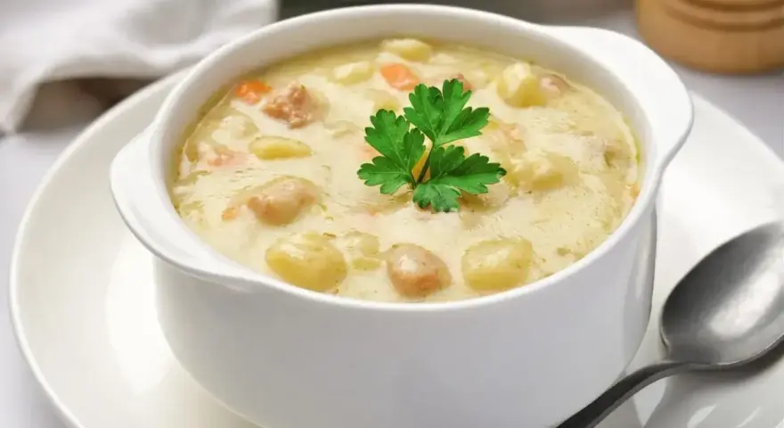 Babcina zalewajka przepis: kremowa zupa z ziemniakami, marchewką i kiełbasą, udekorowana natką pietruszki. Pyszne danie na chłodne dni.
