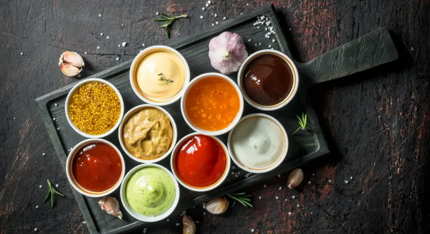 Różnorodne sosy, idealne do karkówki: musztarda, majonez, ketchup, sos barbecue i inne.