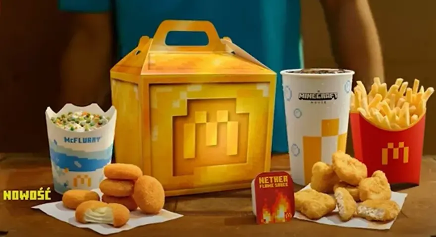 Zestaw Minecraft z McFlurry, nuggetami i chrupiącymi frytkami McDonald's.