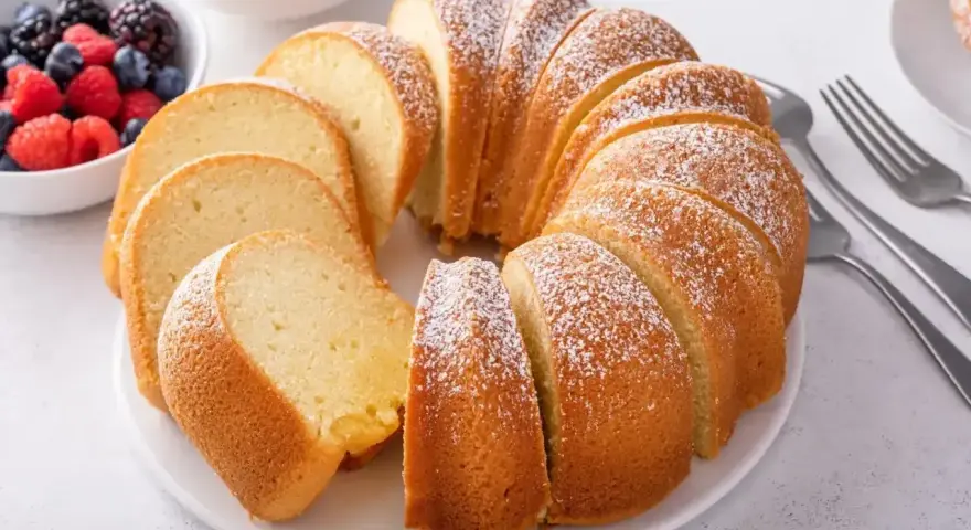 Babka piaskowa przepis babci, puszysta, pokrojona, posypana cukrem pudrem, obok miseczka z owocami i widelce.