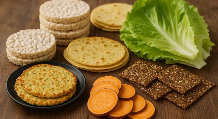 Chrupkie wafle ryżowe, tortille, placuszki, słodkie ziemniaki, sałata i pełnoziarniste krakersy – idealne propozycje co zamiast chleba.