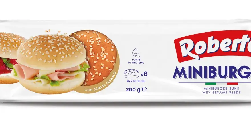 Opakowanie bułek do mini burgerów Roberto z sezamem, z widocznymi dwoma przykładowymi bułeczkami.