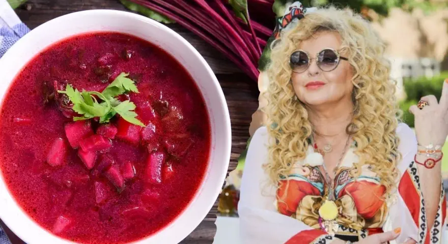 Pyszny barszcz z botwiny gesslerowej, z kawałkami buraków i natką pietruszki, obok Magdy Gessler w okularach.