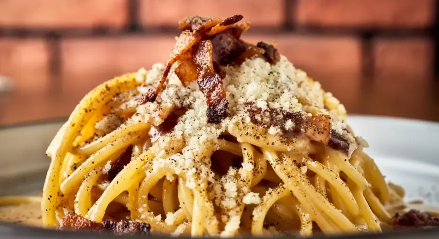 Pyszne włoskie dania z makaronem, jak Carbonara, z chrupiącym boczkiem i parmezanem.