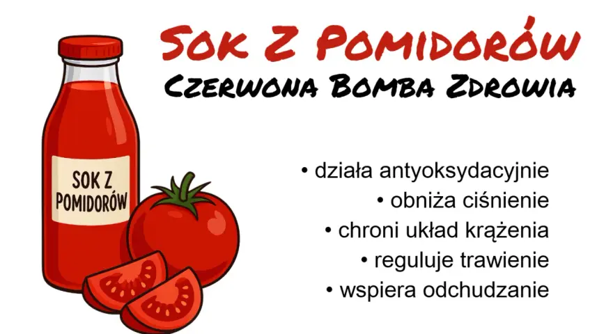 Sok z pomidorów to czerwona bomba zdrowia. Działa antyoksydacyjnie, obniża ciśnienie, chroni krążenie, reguluje trawienie i wspiera odchudzanie.