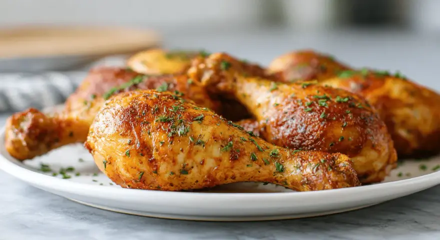 Chrupiące udka z airfryer, posypane ziołami, wyglądają apetycznie na białym talerzu.
