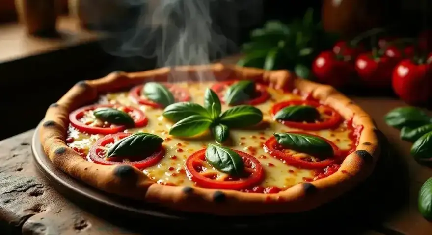 Gorąca pizza capriciosa z pomidorami i bazylią, parująca na drewnianym blacie.