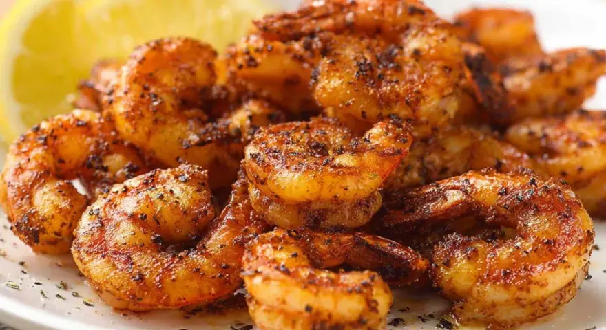 Pyszne krewetki z airfryer, przyprawione i lekko przypieczone, z plasterkiem cytryny w tle.