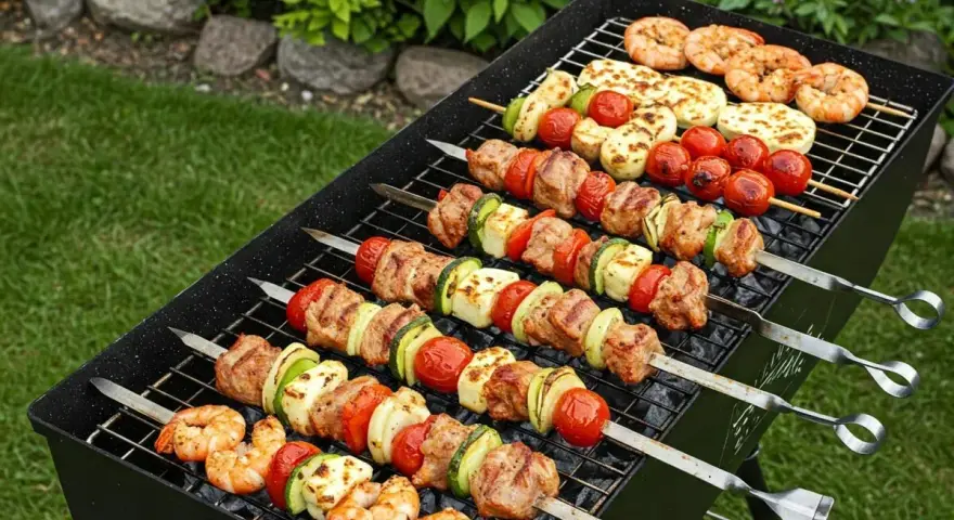 Na grillu pyszne szaszłyki z mięsa, warzyw i krewetek. Idealne co na grilla na letnie popołudnie.
