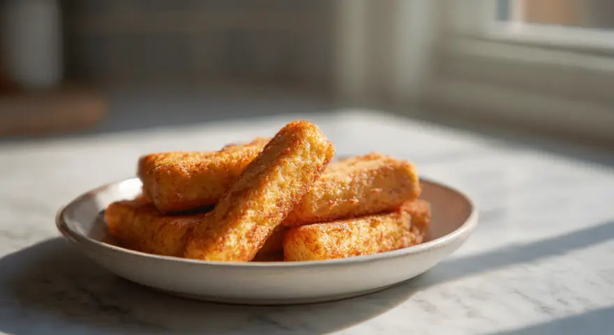 Złociste paluszki rybne z frytkownicy beztłuszczowej (airfryer) na talerzyku, kuszą chrupiącą panierką.