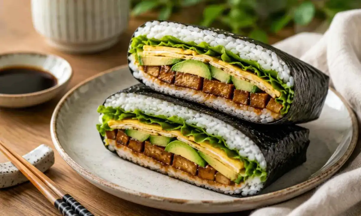Pyszny onigirazu z tofu, awokado i jajkiem, zawinięty w nori. Idealny lunch!