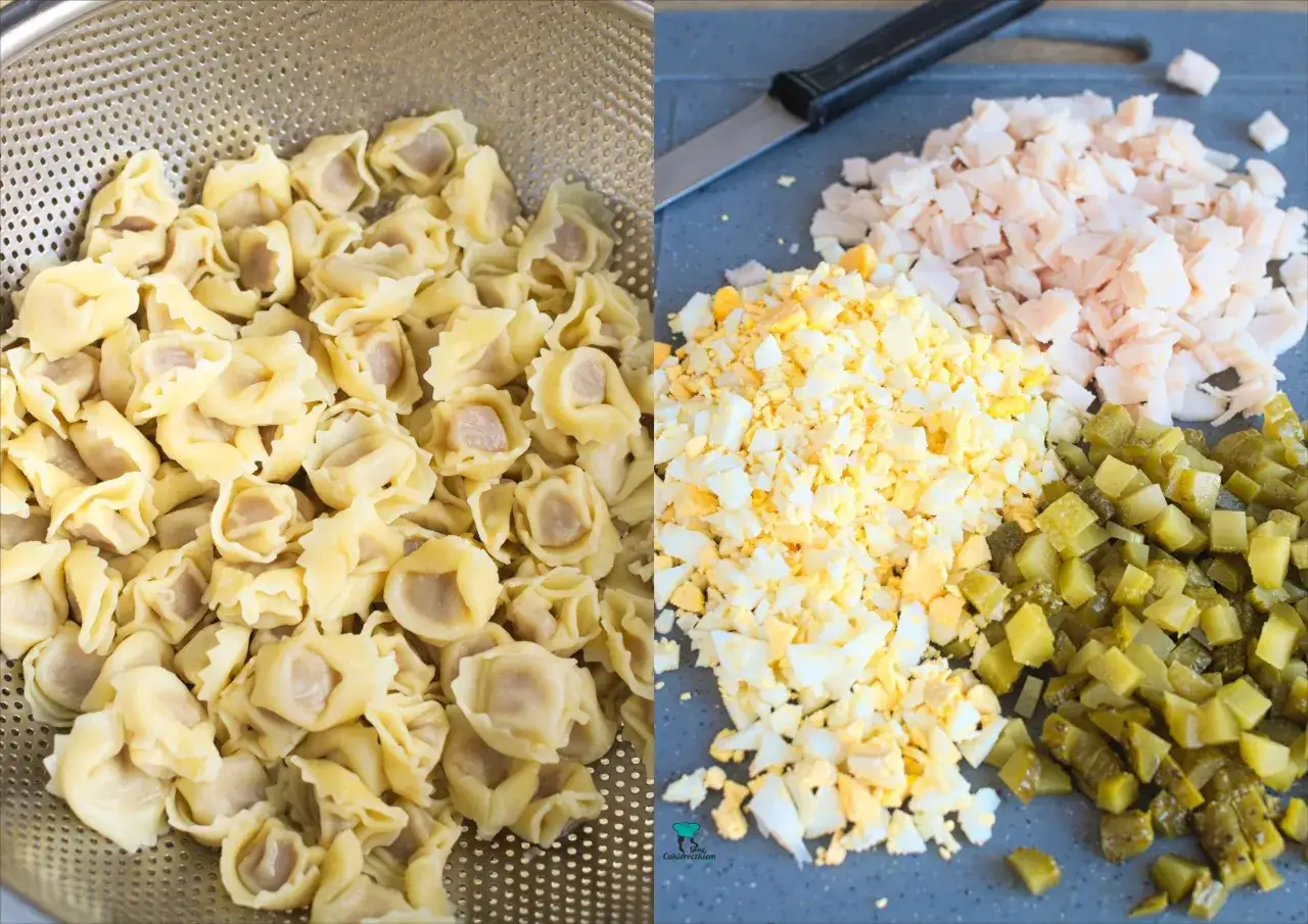 Szybka kolacja z niczego: ugotowane tortellini, jajka na twardo, ogórki kiszone i pokrojony kurczak na desce.