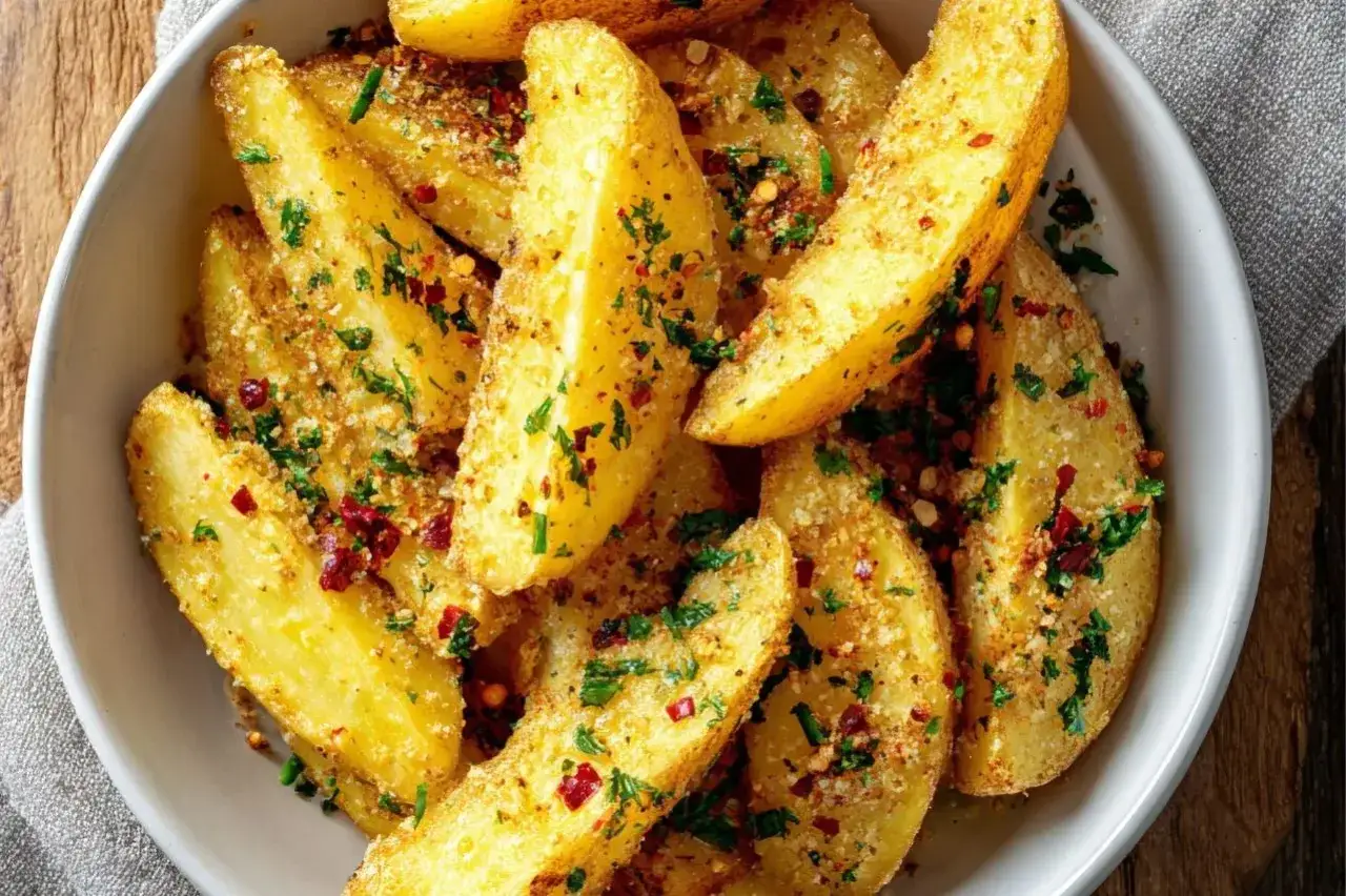 Złociste ziemniaki z grilla, posypane parmezanem, natką pietruszki i płatkami chili. Idealna przekąska na letnie wieczory.