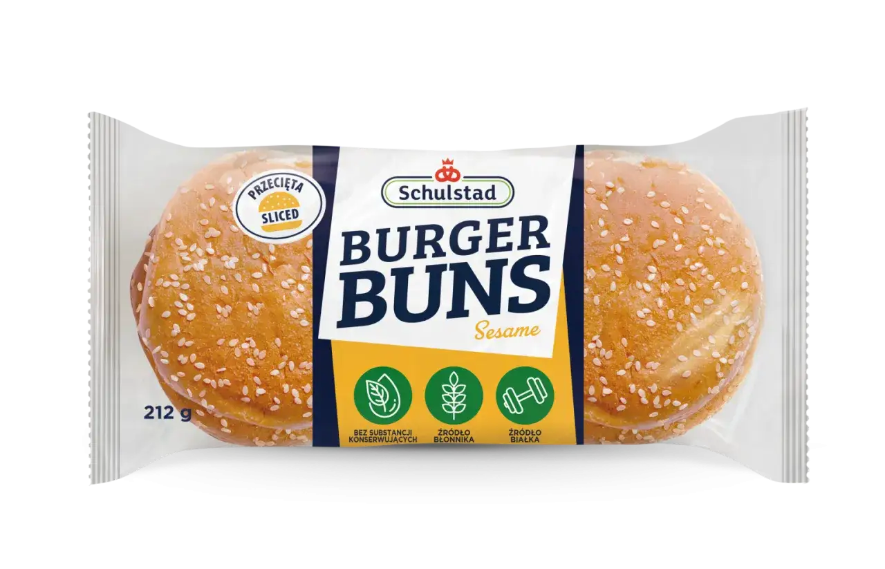 Gdzie kupić bułki do mini burgerów? Opakowanie bułek Schulstad Burger Buns z sezamem, gotowe do przygotowania pysznych mini burgerów.