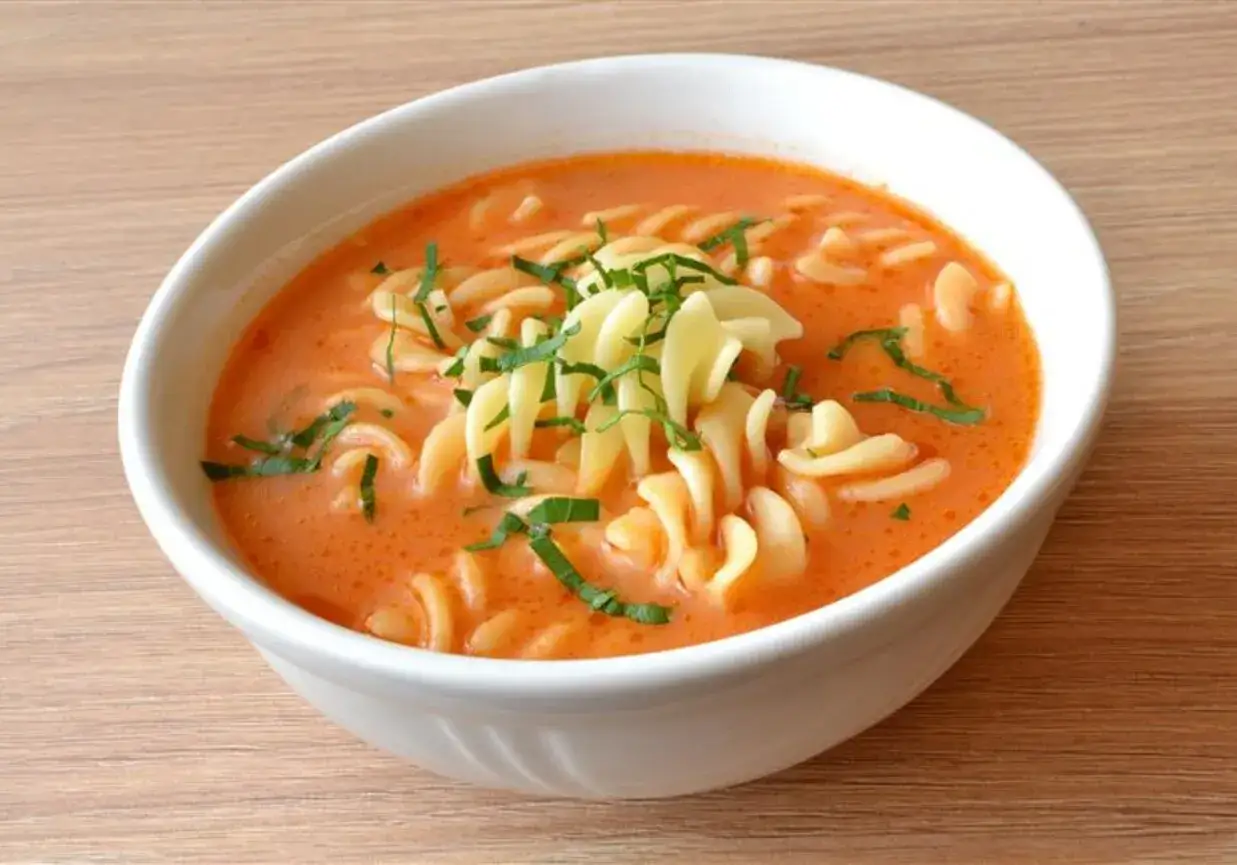 Aksamitna, najlepsza zupa pomidorowa przepis babci z makaronem fusilli i zieloną natką.