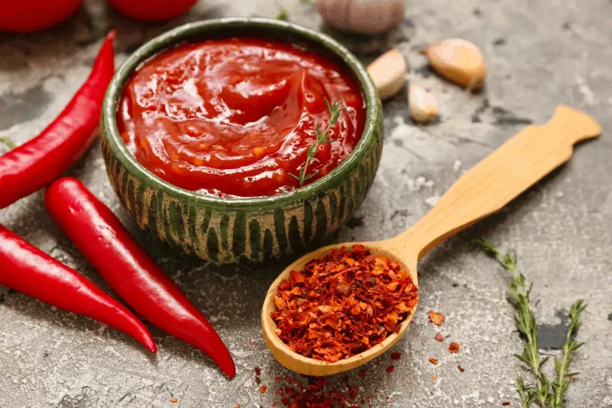 Miseczka pełna pikantnego sosu meksykańskiego, obok świeże papryczki chili i łyżka płatków chili.