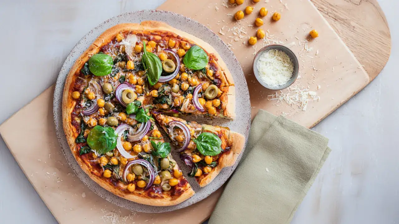 Pyszna pizza bez mięsa z ciecierzycą, oliwkami, szpinakiem i czerwoną cebulą.