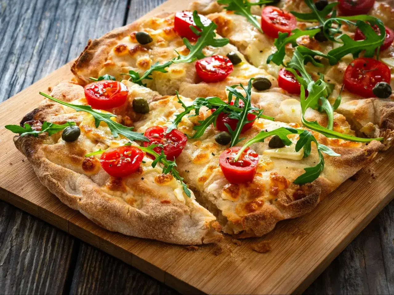Pyszna pinsa z serem, pomidorkami koktajlowymi, kaparami i rukolą, podana na drewnianej desce.