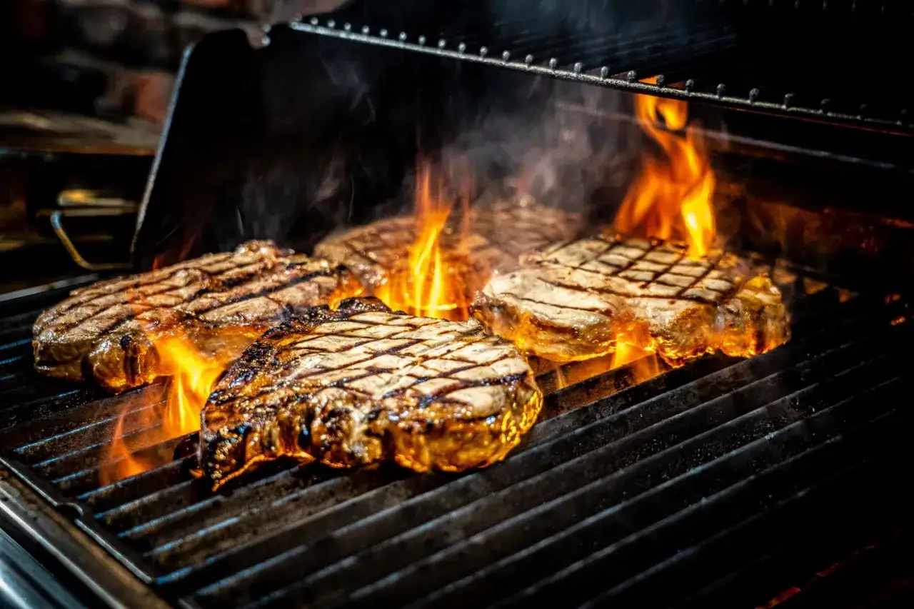 Soczysta karkówka na grillu gazowym, płomienie tańczą wokół. Zastanawiasz się, jak długo grillować karkówkę na grillu gazowym, by była idealna?