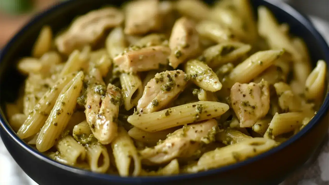 Penne z kurczakiem w sosie pesto. Jedno z pysznych włoskich dań z makaronem, które zachwyca smakiem.