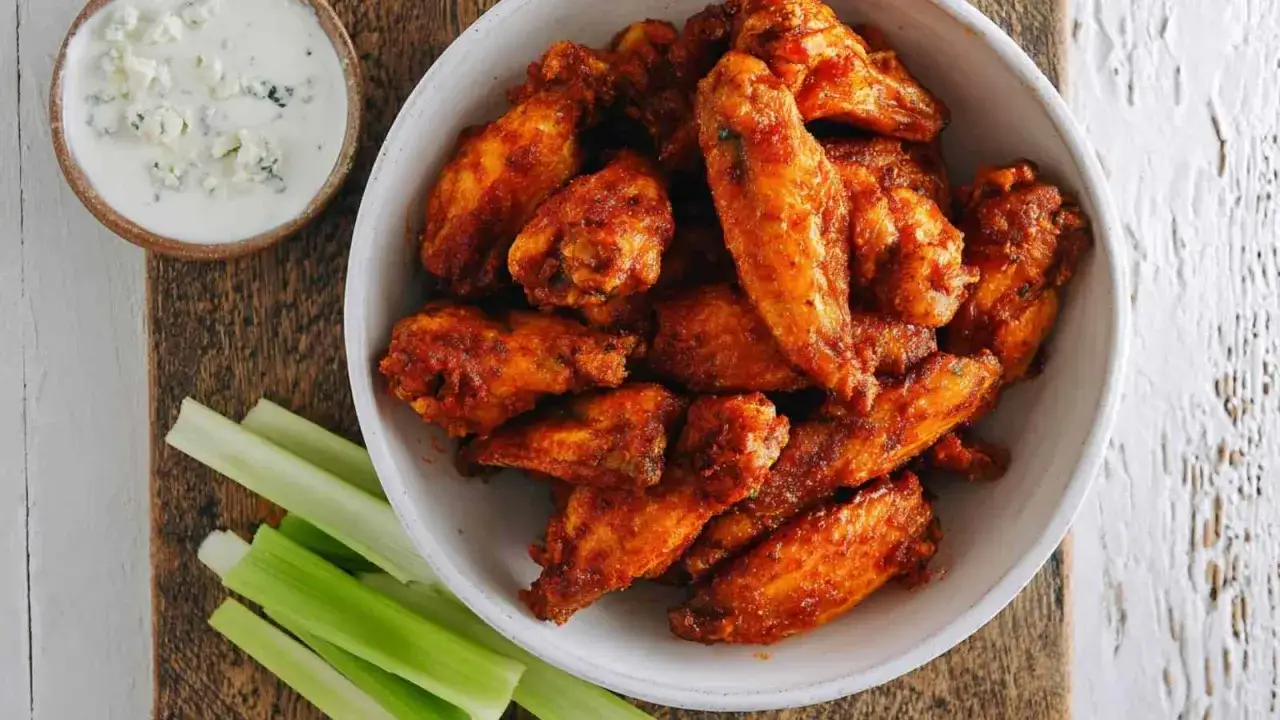 Chrupiące skrzydełka z airfryer w misce, obok sosu blue cheese i łodyg selera. Idealna przekąska!