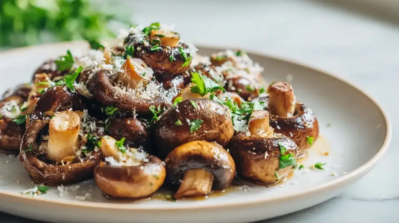 Pyszne pieczarki z airfryer, posypane parmezanem i natką pietruszki, wyglądają apetycznie.