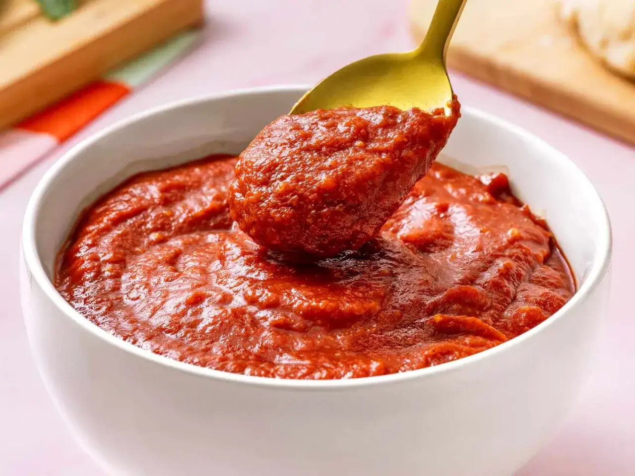Gęsty, czerwony sos pomidorowy na łyżce, gotowy do podania. Idealny do makaronu lub pizzy.