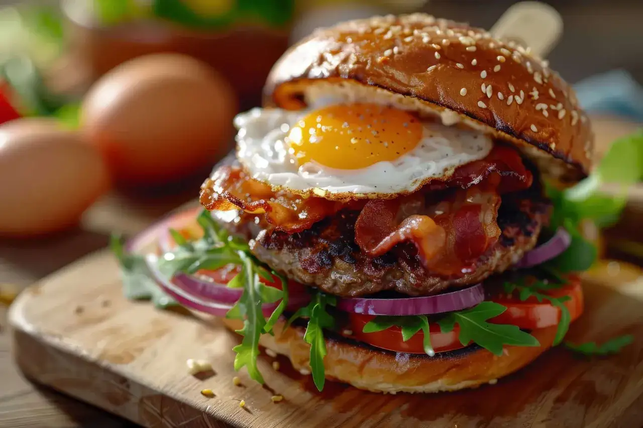 Burger z jajkiem sadzonym, bekonem, rukolą, pomidorem i czerwoną cebulą. Pyszne dodatki do burgera na desce.