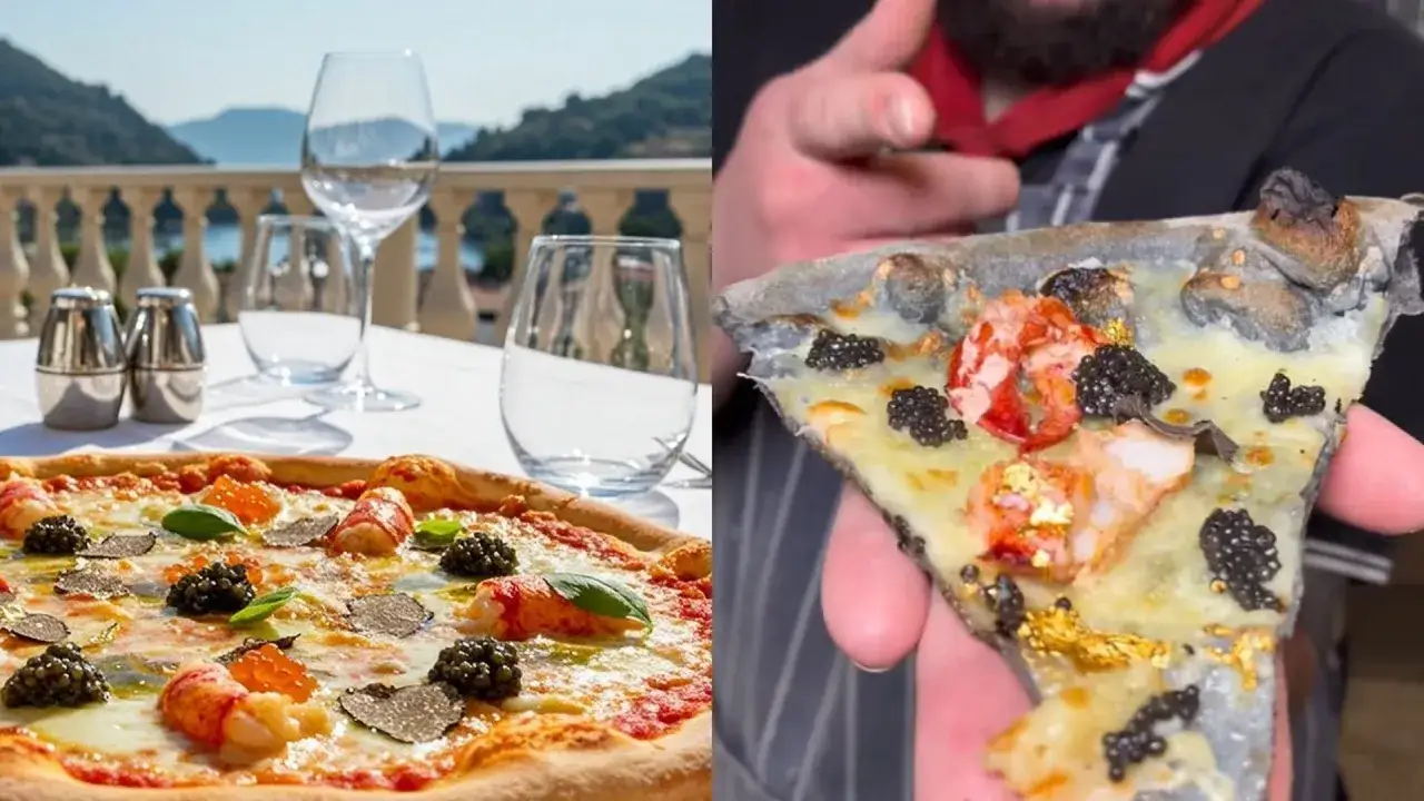 Kawałek najdroższej pizzy na świecie z homarem, kawior i płatkami złota. Na drugim zdjęciu cała pizza z podobnymi dodatkami na tle widoku na morze.