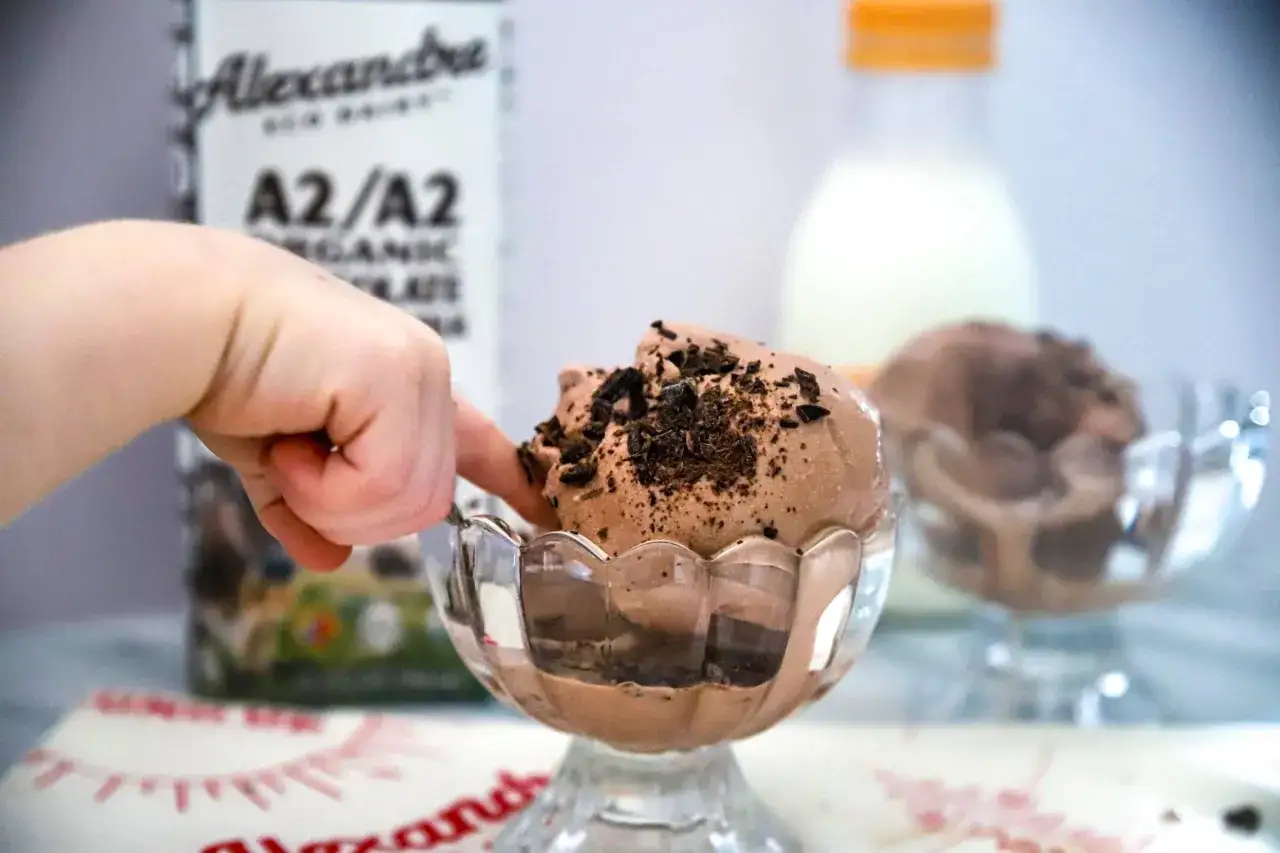 Dziecko paluszkiem sięga po pyszne, domowe lody czekoladowe. W tle butelka mleka.