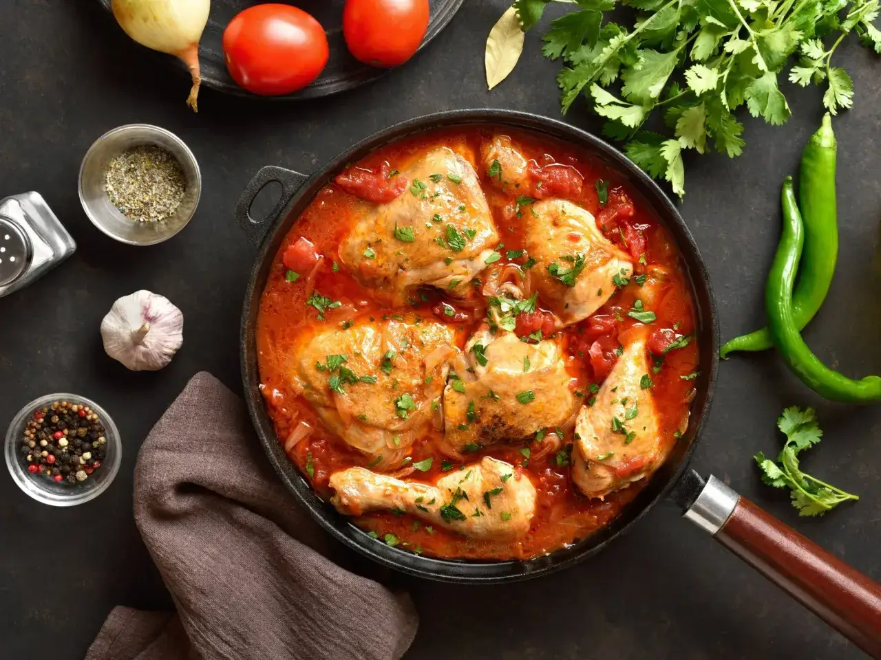 Pyszne udka z kurczaka w sosie pomidorowym, posypane natką pietruszki, gotowe do podania. Obok składniki: cebula, pomidory, czosnek, papryczki chili, przyprawy.