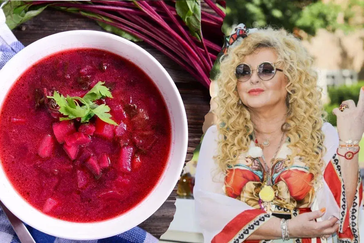 Pyszny barszcz z botwiny, jak u Gesslerowej, w misce obok pęku buraków. Kobieta w okularach przeciwsłonecznych i kolorowym stroju.